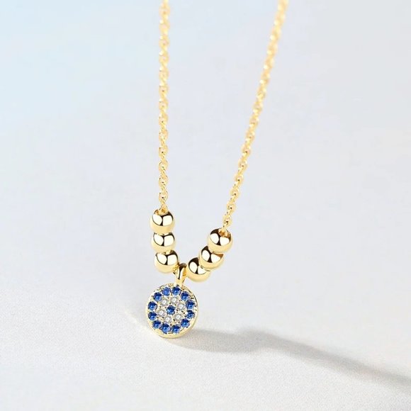 14k Gold Sapphire Diamonds Blue Eye Beads Sterling Silver Necklace - Picture 3 of 10